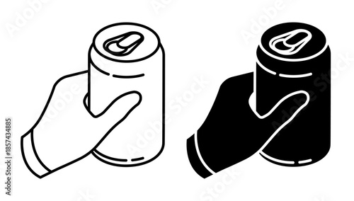 Linear icon, Isometric hand opens aluminum soda drink. Storing cocktails and soda in jar. Simple black and white vector isolated on white background