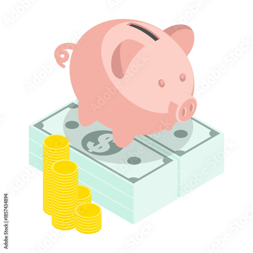 Isometric ceramic piggy bank sits on a stack of American dollars. Isolated cartoon vector concept on white background top view
