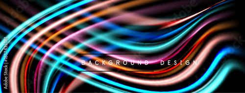 Abstract lines create vibrant, flowing pattern. Dark background emphasizes bright colors, dynamic curves. Modern design element.