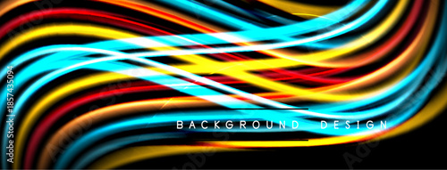 Vibrant waves, colorful lines create dynamic background. Modern design features bright hues, sleek curves, dark space.
