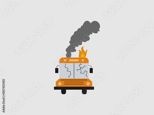 illustration of an orange yellow school bus that has been in a severe accident