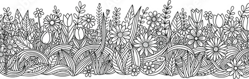 Black and white floral border with flowers and leaves illustration line art