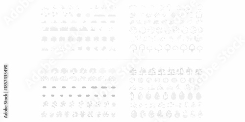 Abstract arrangement of various white shapes and patterns on a gray background