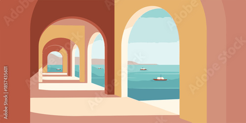 An ancient stone archway serves as a historic entrance to the church and mosque where an open door to the sea reveals a religious building blending medieval architecture and Spanish history