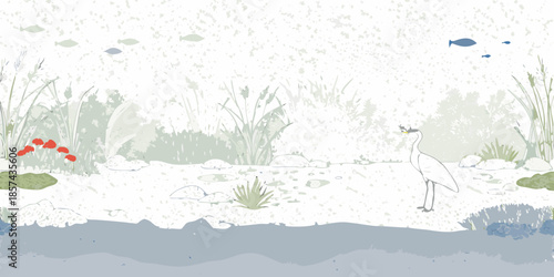 A serene illustration of a white heron standing in a shallow wetland environment