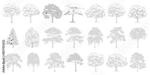 Collection of diverse tree silhouettes in grayscale arranged in neat rows