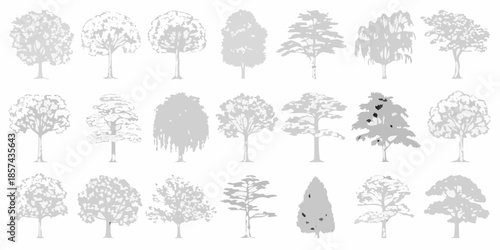A collection of diverse tree silhouettes in grayscale arranged in rows