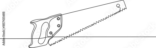 Saw tool continuous single line drawing in minimalist outline style, hand drawn silhouette vector illustration