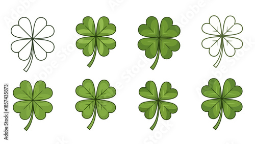 A collection of eight four-leaf clovers, some colored green and others outlined in black.