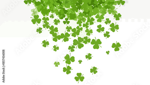 A cascade of vibrant green shamrocks falling against a clean white background, evoking luck and St. Patrick's Day.