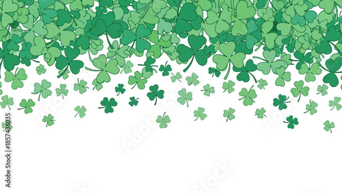 A cascade of green shamrocks falling from the top of the image against a white background.