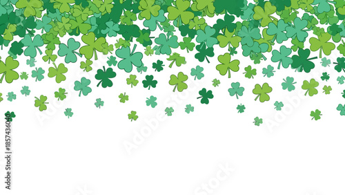 A cascade of green shamrocks falling from the top of the image against a white background.