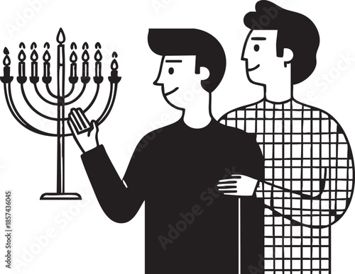 Hanukkah celebration vector: menorah lighting with gay couple illustration eps silhouette