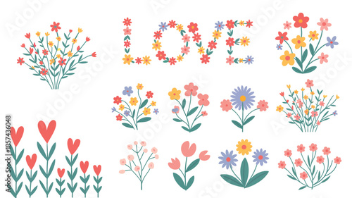 Brightly colored stylized flowers and red heart shapes adorn the word LOVE, perfect for celebratory designs