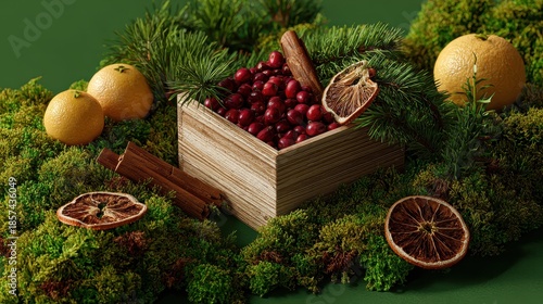 A wooden box filled with fruit and oranges
