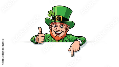 A cheerful leprechaun in a green outfit, giving a thumbs up and pointing down.