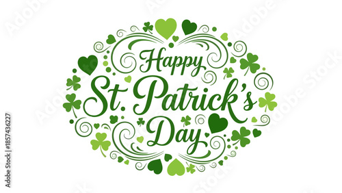 A festive oval design with swirling green patterns and shamrocks, wishing a Happy St. Patrick's Day.
