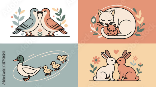 Charming colored line illustrations portray loving bird and rabbit pairs with affectionate cat and duck families