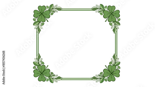 Green frame with four-leaf clovers and leaves in each corner, perfect for St. Patrick's Day.