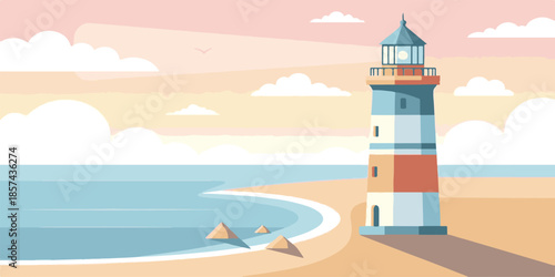 A white beacon tower stands as a historic coastal landmark where the sandy beach meets the crashing waves of the summer ocean under a clear blue sky