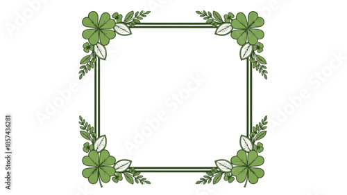 A decorative square border adorned with green clover leaves and small white flowers.