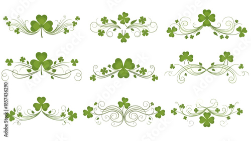 Elegant collection of green shamrock designs with swirling vines and decorative elements.