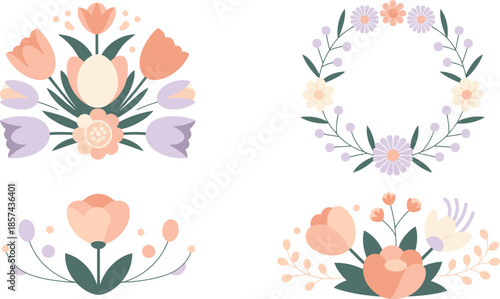 Collection of colorful floral arrangements with peach lavender and orange blossoms and green leaves