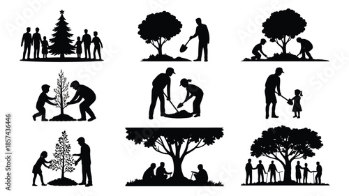 Collection of silhouettes depicting diverse groups of people planting trees and celebrating around a festive pine