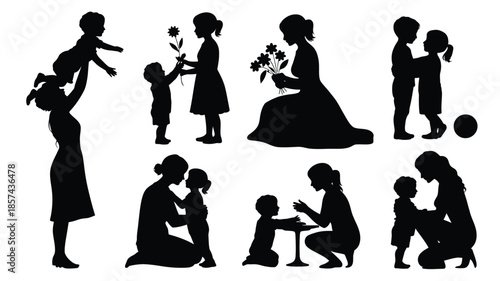 Collection of various black silhouettes depicting mothers and children sharing tender and loving moments