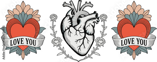 Classic tattoo style designs featuring anatomical human hearts, decorative hearts with LOVE YOU banners and roses