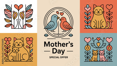 Colorful line art designs celebrate Mothers Day with loving cat families and symbolic bird and floral elements