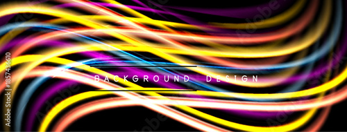 Bright colorful lines flow, creating dynamic abstract background. Vivid gradients, smooth curves, modern design elements present.