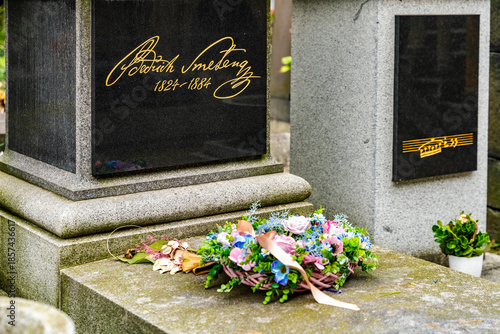 Grave of Czech composer Bedrich Smetana, in the Vysehrad cemetery on the grounds of Vysehrad Castle in Prague, Czech Republic, resting place of notable people and artists.