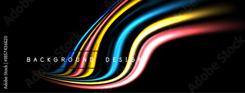 Abstract colorful lines flow across black background. Dynamic curves create modern visual effect. Bright hues contrast dark space.