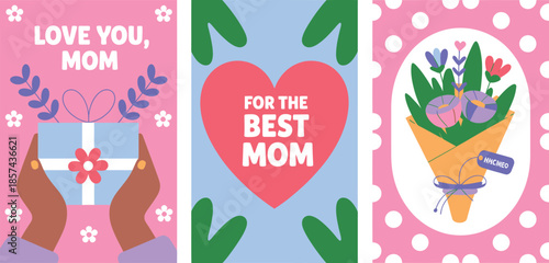 Colorful Mothers Day card collection featuring messages of love, gift offering, and vibrant floral arrangements