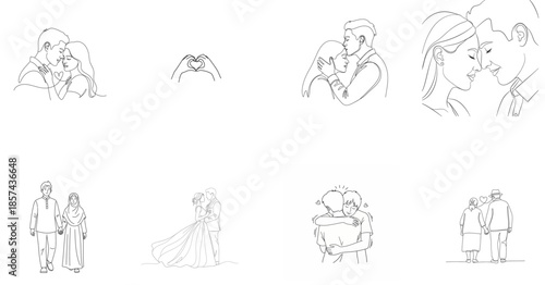 Romantic couple love line art icon set – hugging, kissing, wedding and elderly couple illustrations