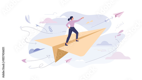 Confident businesswoman navigates the future on a large paper airplane with determination and leadership