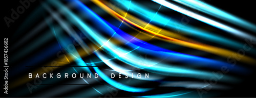 Abstract dynamic lines, vibrant blues, golds create futuristic background. Text reads background design. Dark space surrounds bright streaks.