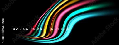 Abstract colorful waves flow across black background. Dynamic lines create modern design element, vibrant hues present.