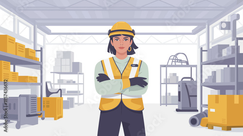 Confident female warehouse worker in safety vest and hard hat stands with arms crossed