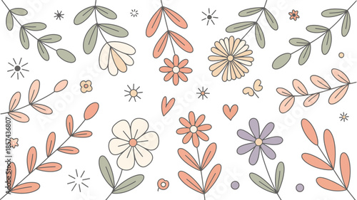 Delicate scattered pastel flowers, leaves, hearts, and simple stars on a clean white surface