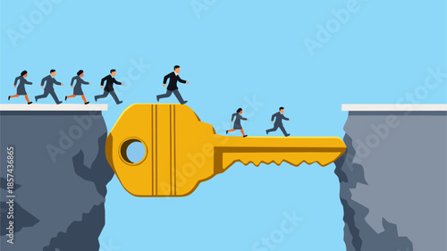 Teamwork and Problem Solving Concept, People Crossing Gap with Key Bridge, Collaboration and Business Solution Illustration