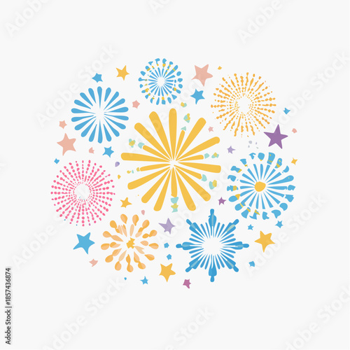 Whimsical Celebration of Sparkling Fireworks and Twinkling Stars in a Circular Graphic Design, Capturing Joyful Festivities, Bright Moments, and Enchanting Evening Displays