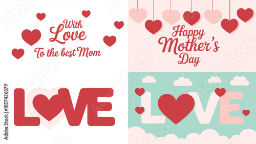 Delightful Mothers Day and heartfelt love graphics adorned with hanging hearts and tender messages