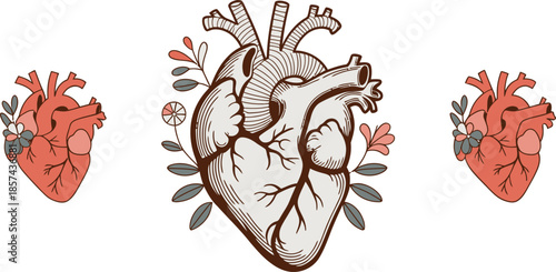 Detailed anatomical human heart drawing adorned with botanical elements and smaller heart illustrations