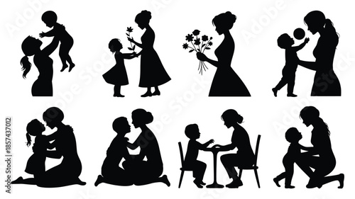 Diverse collection of black silhouettes showing mothers and children engaged in tender and playful activities