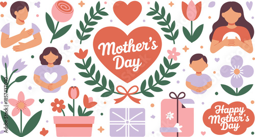 Diverse collection of Mothers Day themed flat icons featuring people, hearts, flowers, and gift boxes