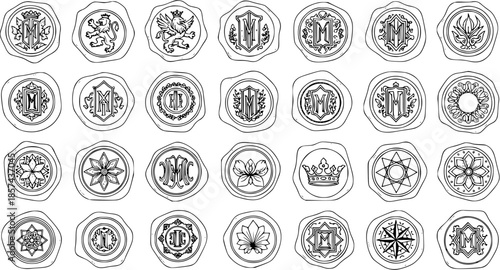 Collection of Black and White Line Art Wax Seals with Monograms, Heraldic Crests, and Decorative Emblems - Elegant Vector Icons for Invitations, Luxury Branding, and Graphic Design.
