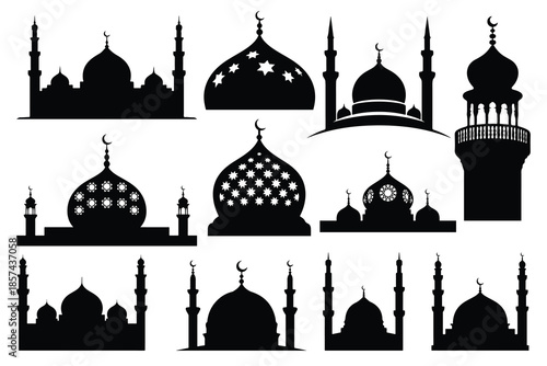 Black and white silhouettes of mosque domes and minarets with stars
