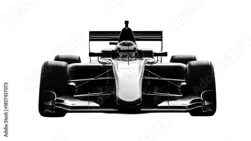 This powerful, high-contrast front view of a sleek formula 1 race car is isolated in a dramatic monochromatic studio shot.